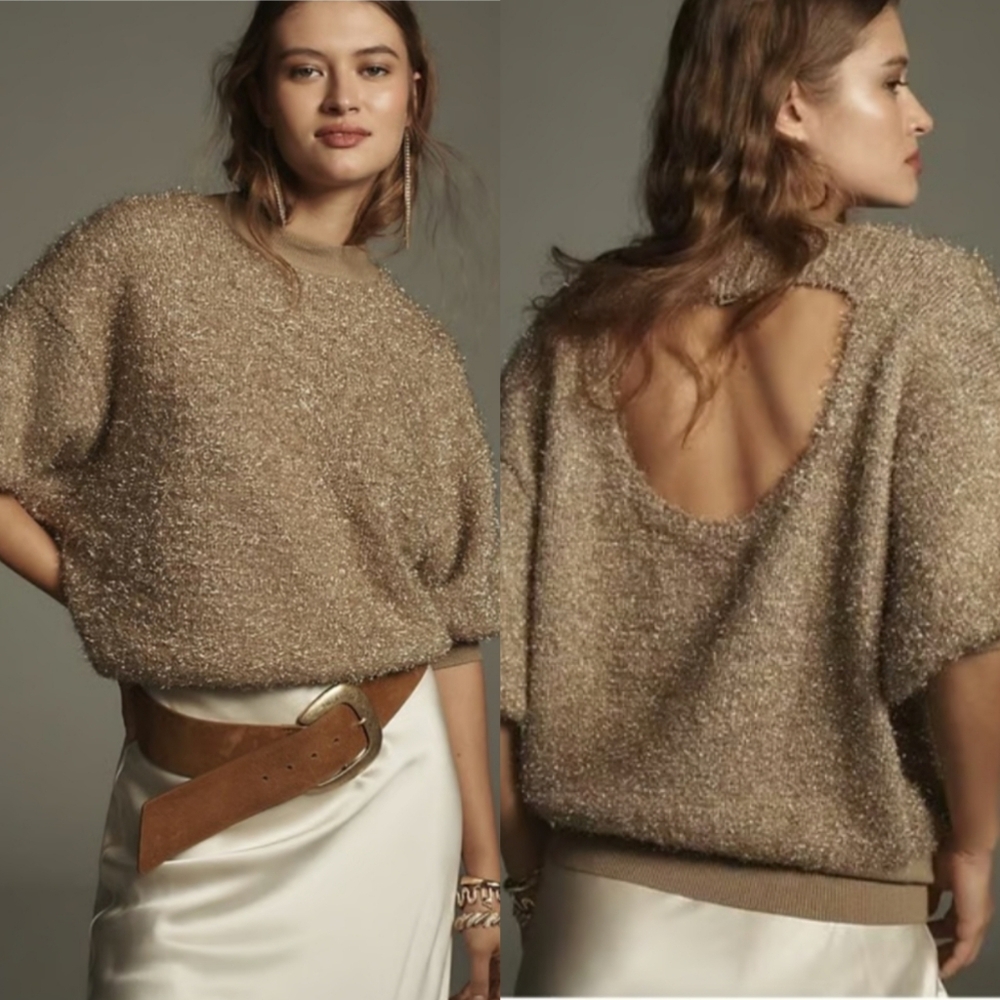 Anthropologie | Maeve | Violetta Gold Tinsel Short Sleeve Sweater